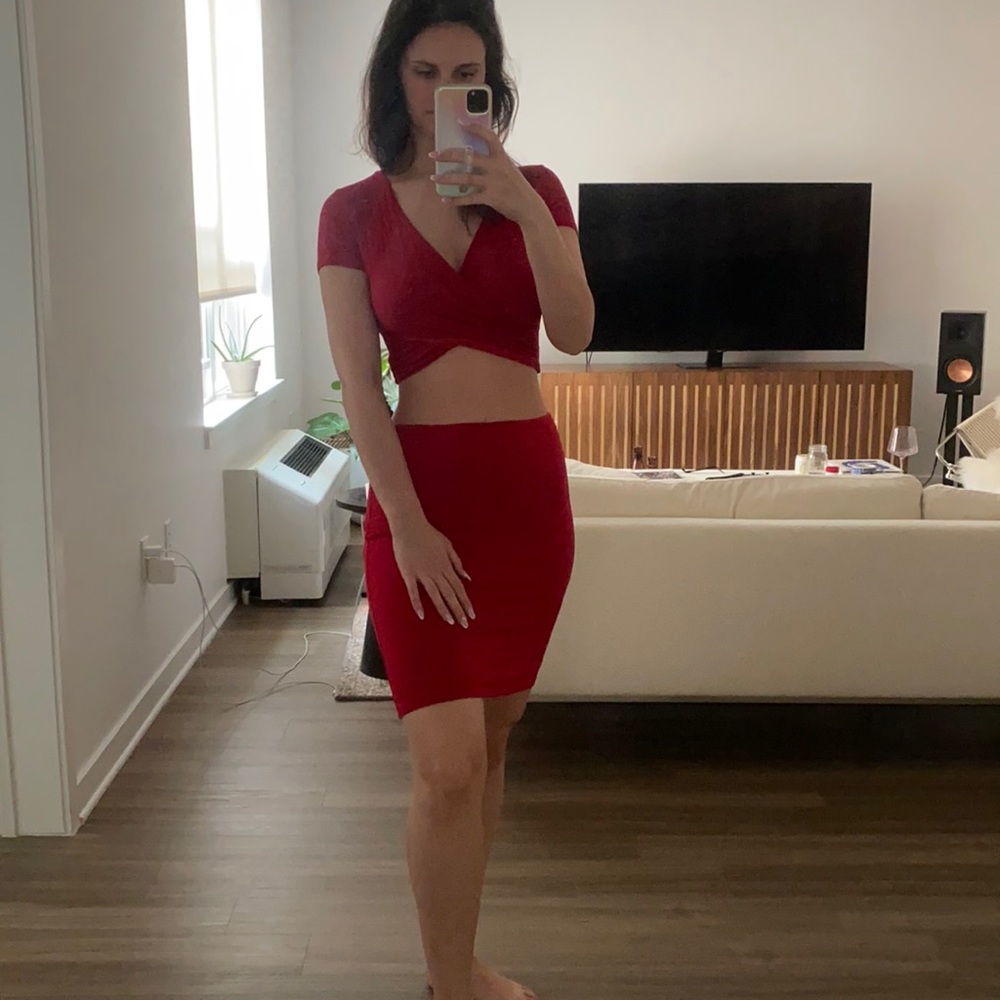 Red two piece skirt set from Lulus